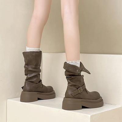 Короткие ботинки толстый каблук толстая подошва полусапоги осень и зима чувство дизайна ретро кожаные ботинки складные женские модные ботинки