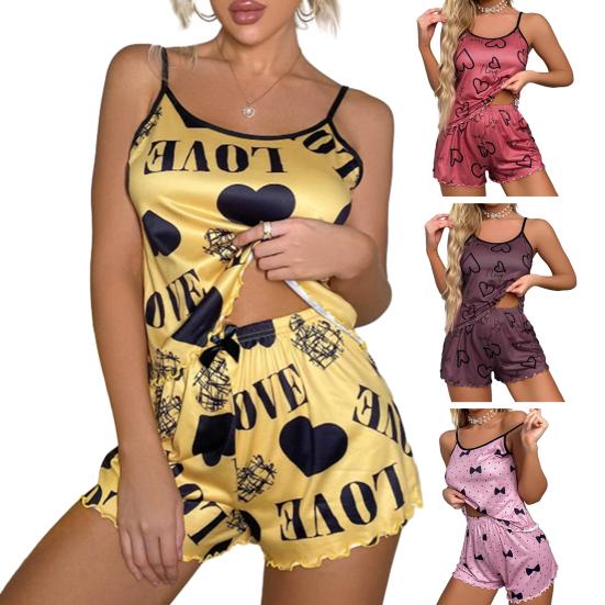 Женский пижамный комплект из 2 шт./компл. с принтом в виде сердца и гофрированными гофрированными бретельками без рукавов с эластичной резинкой на талии, мягкий шелковистый комплект домашней одежды с верхом и шортами