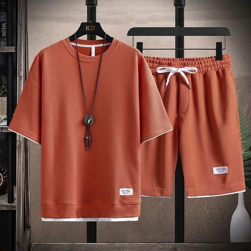 Men's Waffle Summer Sets Casual T-Shirt+Shorts Set Male Sports Suit Solid Color Tracksuit Loose Suits