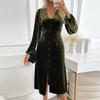 2025 New Autumn and Winter Elegant Retro Style Wave Side V-neck Velvet Slit Solid Color Dress