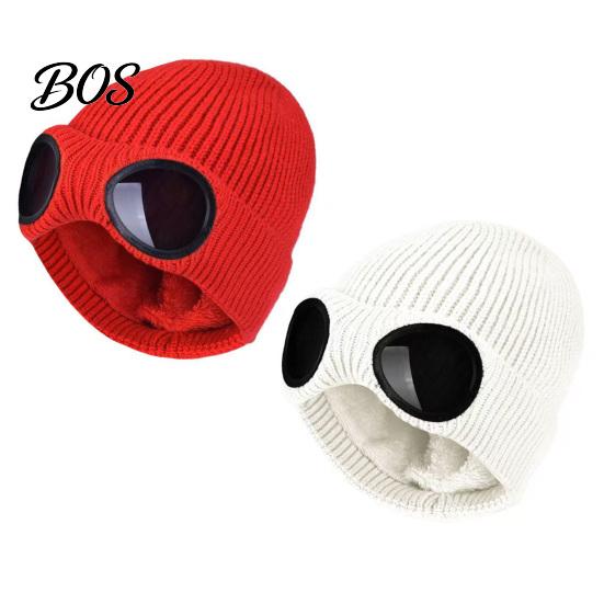 Snow Proof Outdoor Cycling Hat 2Pcs Fleece Lined Hats with Goggles, Warm Winter Knit Stretchy Brimless Eye Protection Hats, Windproof Skiing Caps for