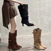 2025 Winter Pointed Thin Heel Skinny Boots Women's Pile Boots Belt Buckle Folded High Heel Boots Skinny Boots