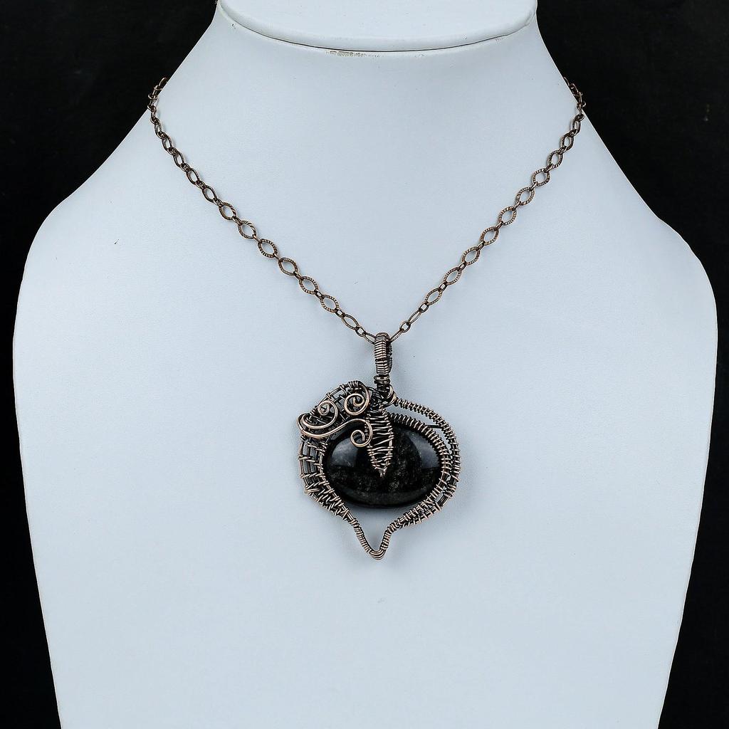 Серебряный блестящий обсидиановый кулон, обернутый медной проволокой, натуральный драгоценный камень, ювелирное изделие ручной работы, обернутый медной проволокой, ювелирное изделие в подарок для матери