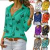 Women Butterfly Print Blouse Turn Down Collar Button Up Chiffon Blouses Solid Color Plus Size Long Sleeve Tops