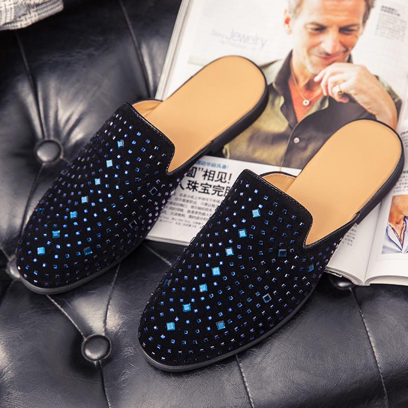 Fashion Loafers Glitter Mules Half Shoes for Men Casual Designer Shoes Men Slippers Luxury Slides with Drilling Leather Shoes for Men