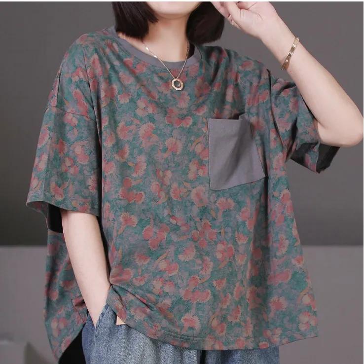 Футболка женская с короткими рукавами, летняя, ретро, с цветочным принтом, карманом, тонкая, свободная футболка