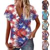 Women's New Button V Neck Fashion Print Short Sleeve Vintage Print T-Shirt Tops Casual Tops Loose T-Shirt Pullover Casual Loose Print Tops