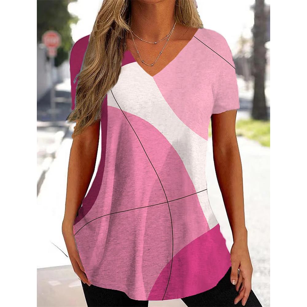 New Women's T-Shirt Curve Print V-Neck Fashion Streetwear Female Clothing Casual Summer Short Sleeve Pullover T Shirt for Women