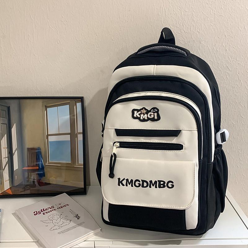 Print Letter Kmgdmbg Nylon School Backpack With Color Block Design Students For