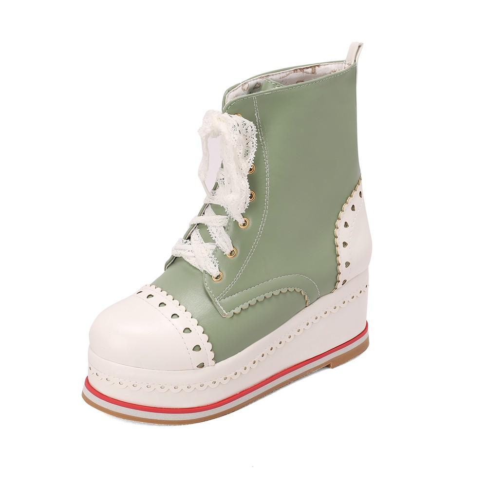 Lolita Style Sweet Girls Shoes Lace Up Platform Hidden Heels Wedges Princess Shoes Women Brock Ankle Boots Pink Plus Size 34-48