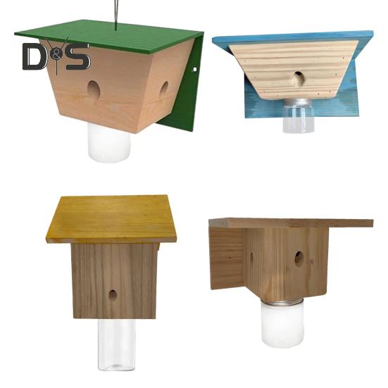 Wood House Carpenter Bee Trap with Clear Bottle Outside Natural Wood Boring Bee Trap Weather-proof Outdoor Hanging Bee Catcher