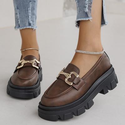 Женские туфли на толстой подошве, одинарные, осенние, новые, с круглым носком, с глубоким вырезом, с металлической пряжкой, нескользящие, низкие