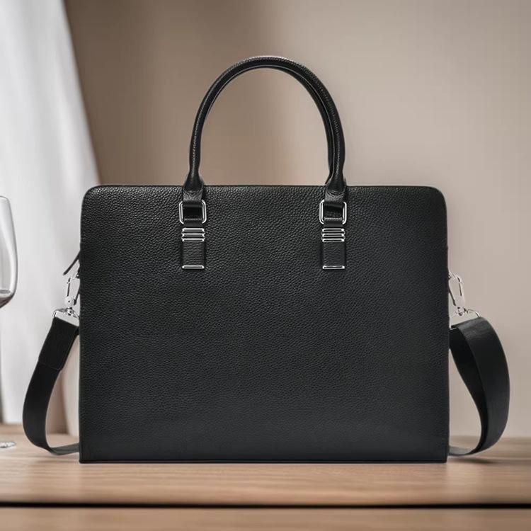 Men's Genuine Leather Briefcase with Litchi Grain, Cowhide Handheld Laptop Business Bag for Daily Commute