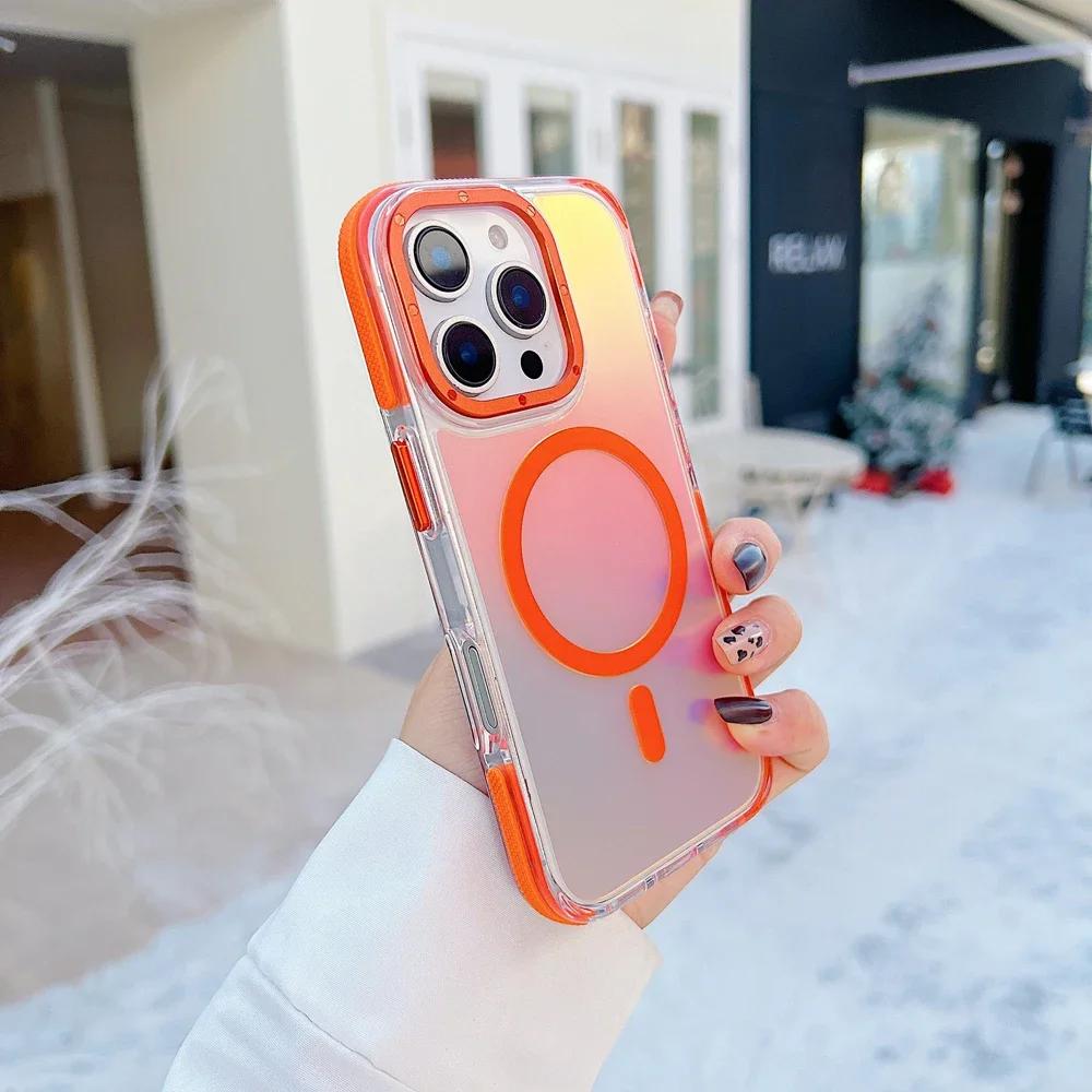 Metal Lens Magnetic Phone Case For 16e 15 14 13 12 11 16 Pro Max Plus Wireless Charge Discolour Translucent Cover