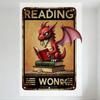 Vintage Rustic Metal Tin Sign - 'READING WON' with Dragon & Books Design for Home Bar Man Cave Decor