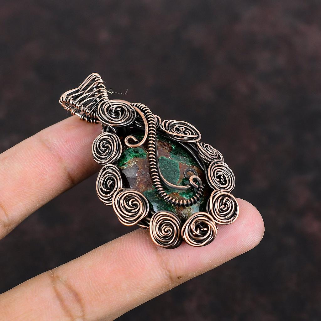 Кулон из куприта и хризоколлы, обернутый медной проволокой, ювелирное изделие, подвеска из драгоценного камня, дизайнерское ювелирное изделие, ручная работа, медный кулон, обернутый проволокой, кулон для подарка