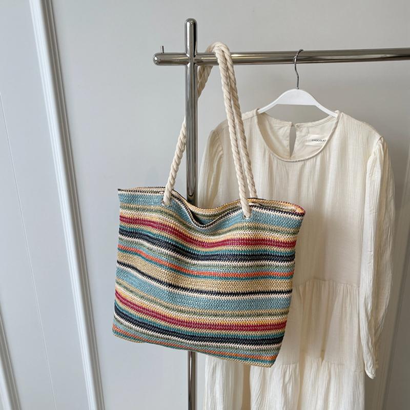 Straw Fabric Woven Design Women Tote Bags Rainbow Color Large Capacity Summer Beach Shoulder Shopper Bag Casual Commute Handbags KTB