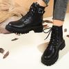 Omen's Boots Classic Black Casual Leather Boots Lace Up Ankle Boots for Women Non-slip Platform Booties Botines Para Mujeres