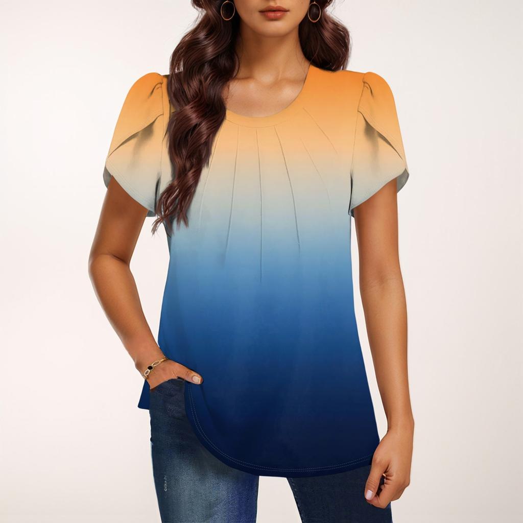 Женская модная футболка с круглым вырезом и коротким рукавом с градиентным принтом, повседневная базовая плиссированная футболка-пуловер