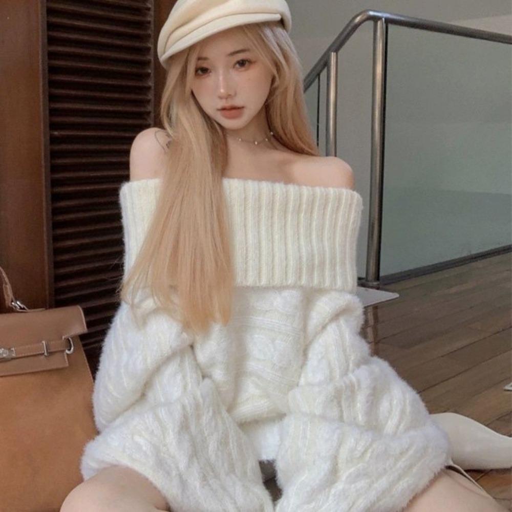 One-word Shoulder Sweater Women's Autumn and Winter New Gentle and Loose High-end Knitted Sweater Pullover Twist Top