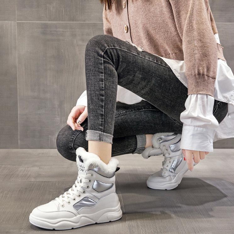 Women 's Winter Boots Black White Fur Boots Genuine Leather Ankle Booties Plush Warm Shoes Sneakers Snow Boots Plus Size 35-42