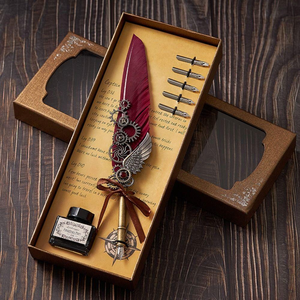 Pen Gift Boxed Dipped ink pen Fountain Pen with Ink Quill Feather Dip Pen with 5 Nib Set