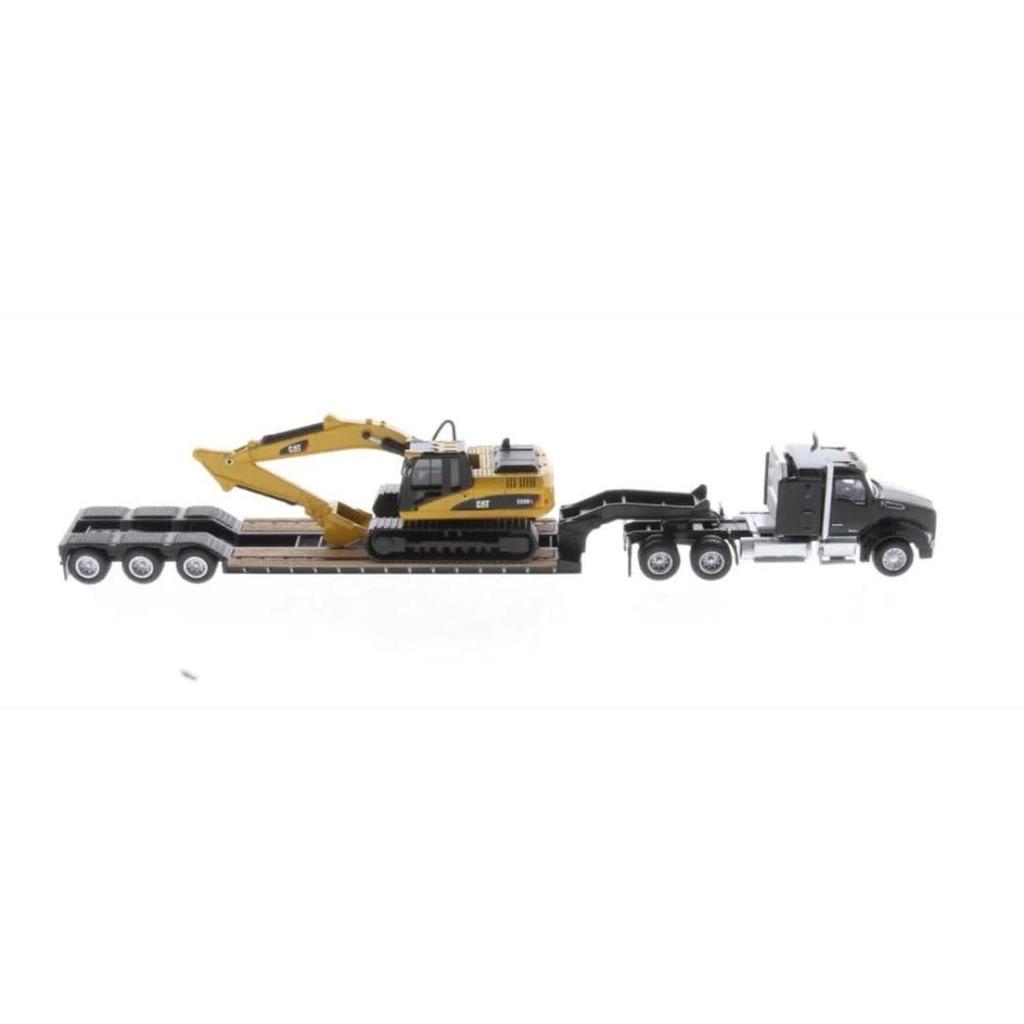 Diecast Master 1/87 Kenworth 880 S SBFS 40-inch Sleeper Tandem Tractor with Low-Boat Trailer & CAT 320D L Hydraulic Excavator