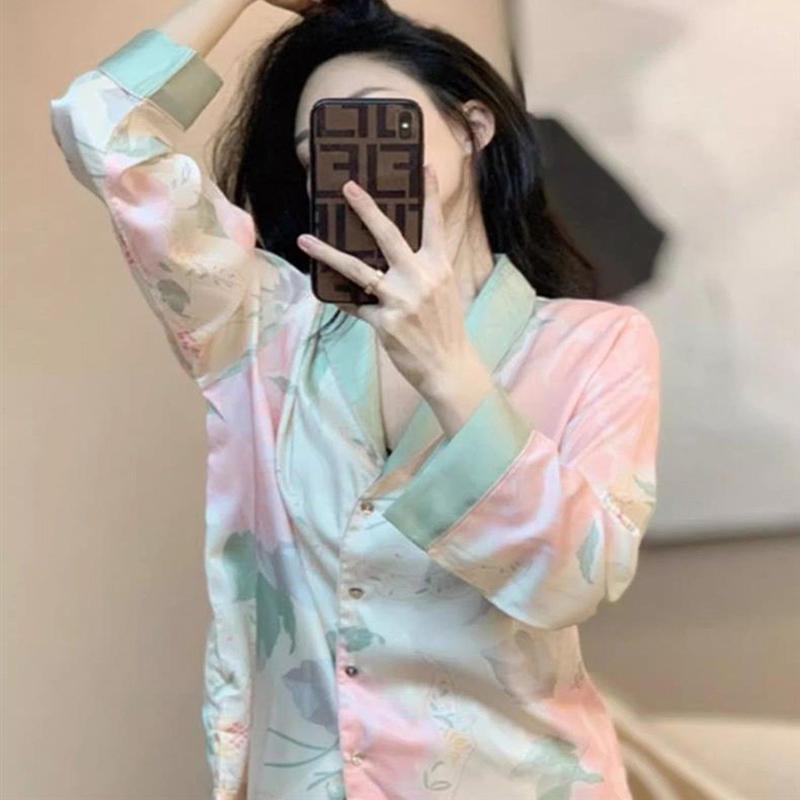 Nightwear Women's Summer High-End Celebrity Style Gardenia Senior Sense of Home Wear Silk Thin Section Pajamas Suit