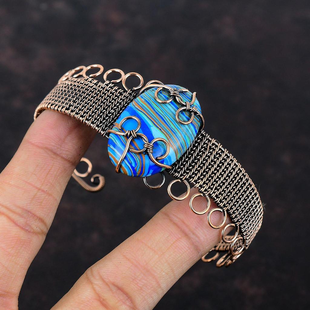 Радужный кальцит браслет-манжета с обмоткой из медной проволоки браслет-манжета из драгоценного камня ручной работы регулируемый браслет медные украшения подарок для невесты