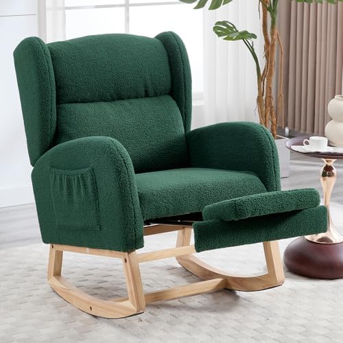 Oversize White Teddy Upholstered Glider Rocker Footrest With Side Pocket Accent Reading Chair for Living Room
