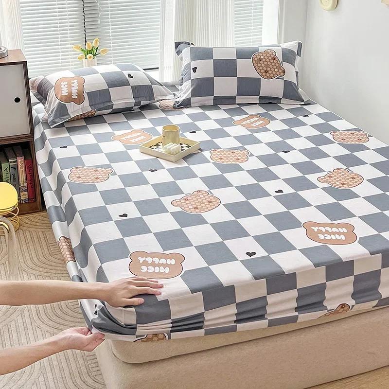 Зеленый клетчатый узор Набор простыней на резинке Любовь Сердце Защитный чехол для матраса 3 предмета Хлопковый постельный комплект Дышащий, приятный для кожи