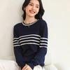 New Spring and Summer Pure Cotton Round Neck Long Sleeve Four-stripe Women's Simple Loose Casual Base Knit Sweater with Long Sleeves