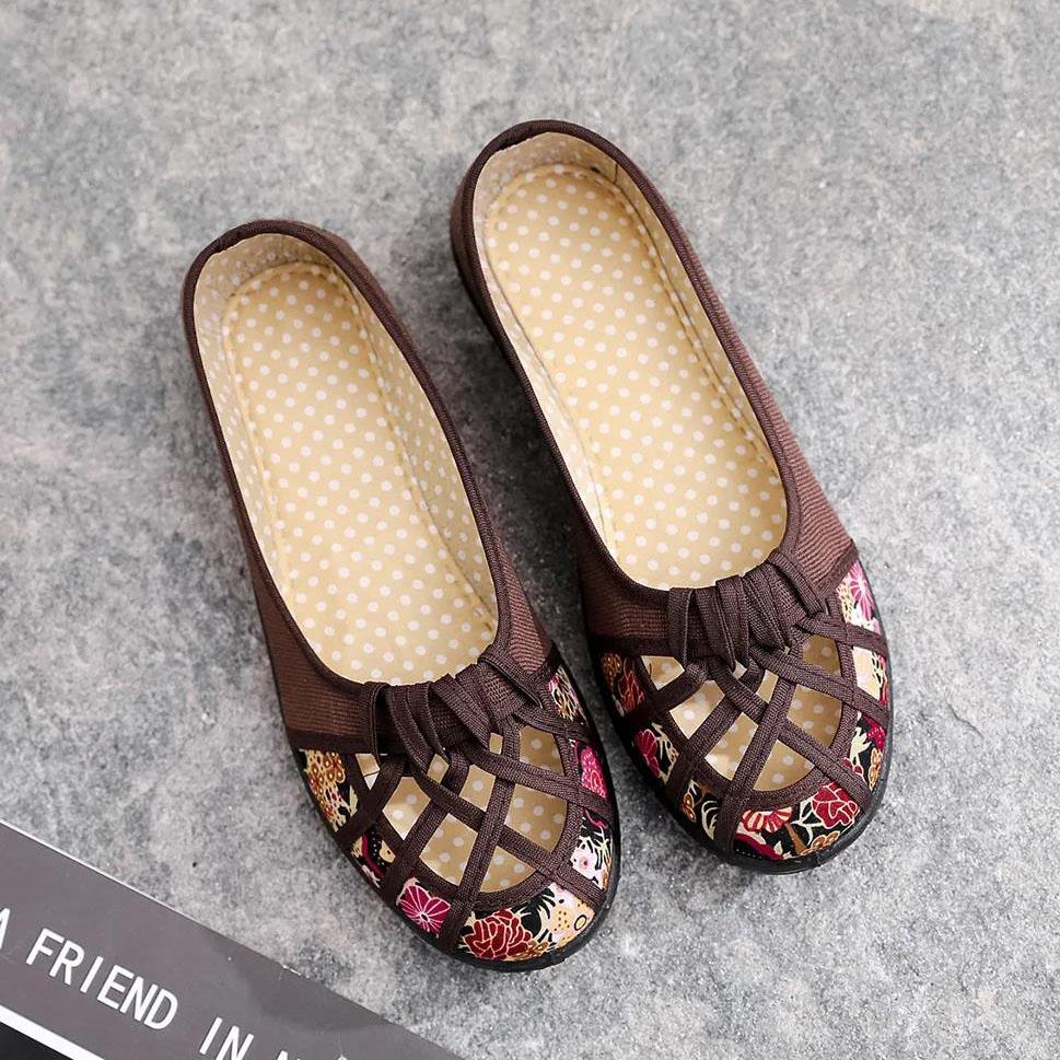 Spring Summer Cloth Shoes Women's Hollow Out Non-slip Soft Bottom Single Shoes Large Size Print Flat Slip-on Sandals