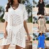 Women's Mesh Crochet Swimwear Cover-Up V-Neck Short Sleeve Hollow Out Beachwear Loose Fit Bikini Cover Up Dress for Vacation Travel