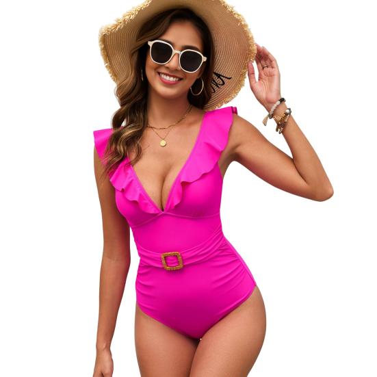 Женский бикини с воланами, сексуальный цельный купальник с глубоким V-образным вырезом, облегающий, с высоким вырезом, купальники для женщин, пляжа, бассейна, серфинга