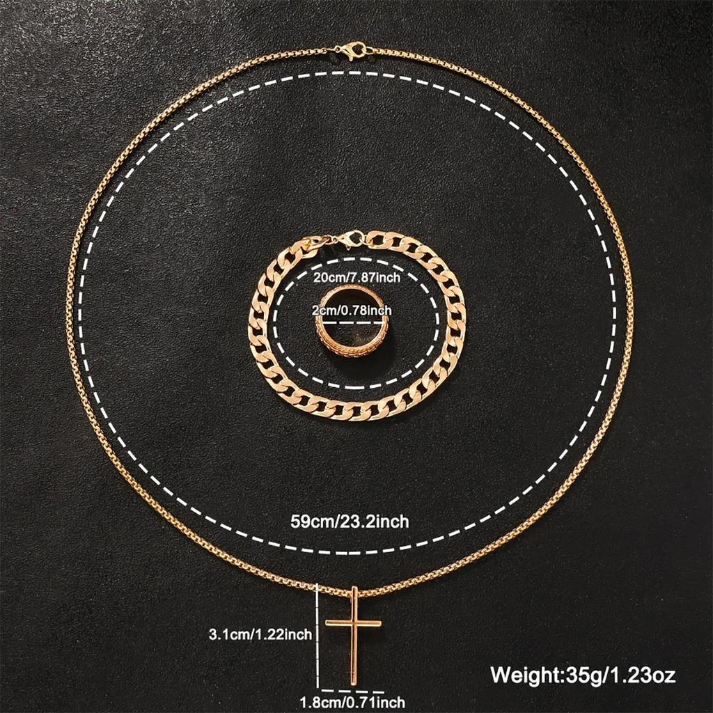 Men's Fashion Watch Set, Casual Quartz Watch with Calendar, Cross Pendant Necklace, Ring and Bracelet - Perfect Gift for Him