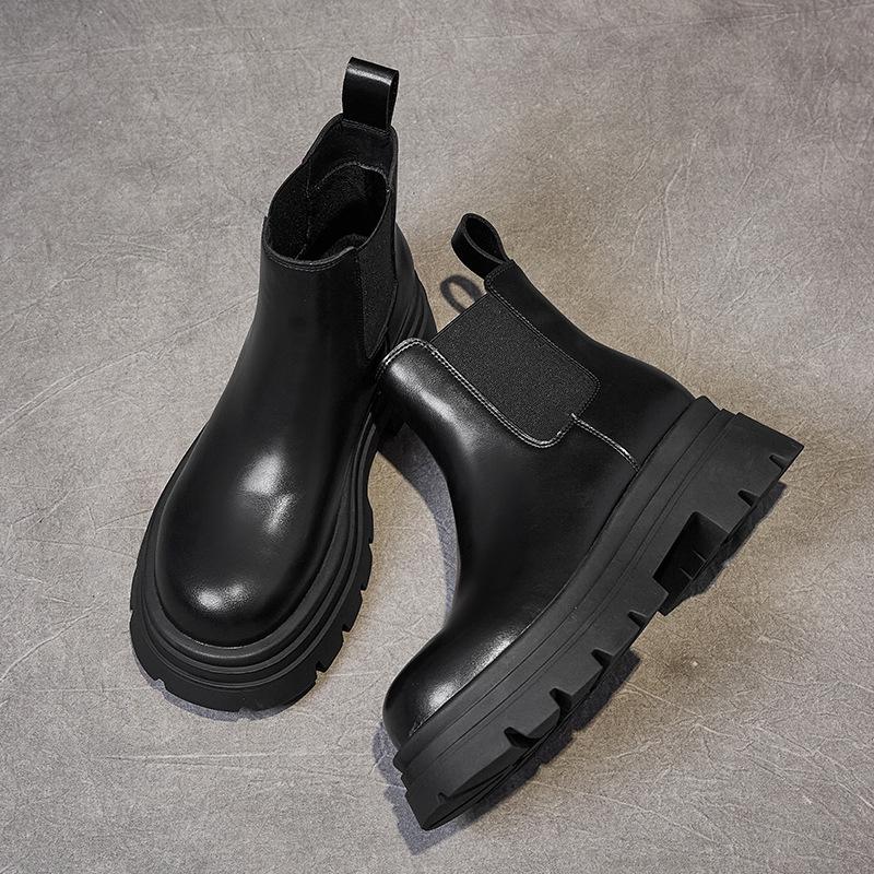 Women's 2024 Spring/Fall Fashionable Thick-Soled Chelsea Boots with Slim Fit and Genuine Leather Thick-Heeled Design