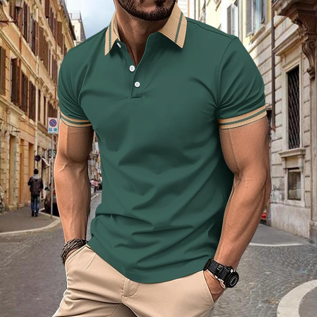 Men's Fashion Polo Shirt Colour Blocking Buttons Top Men's Sports Polo Shirt New Short-sleeved Body Shirt