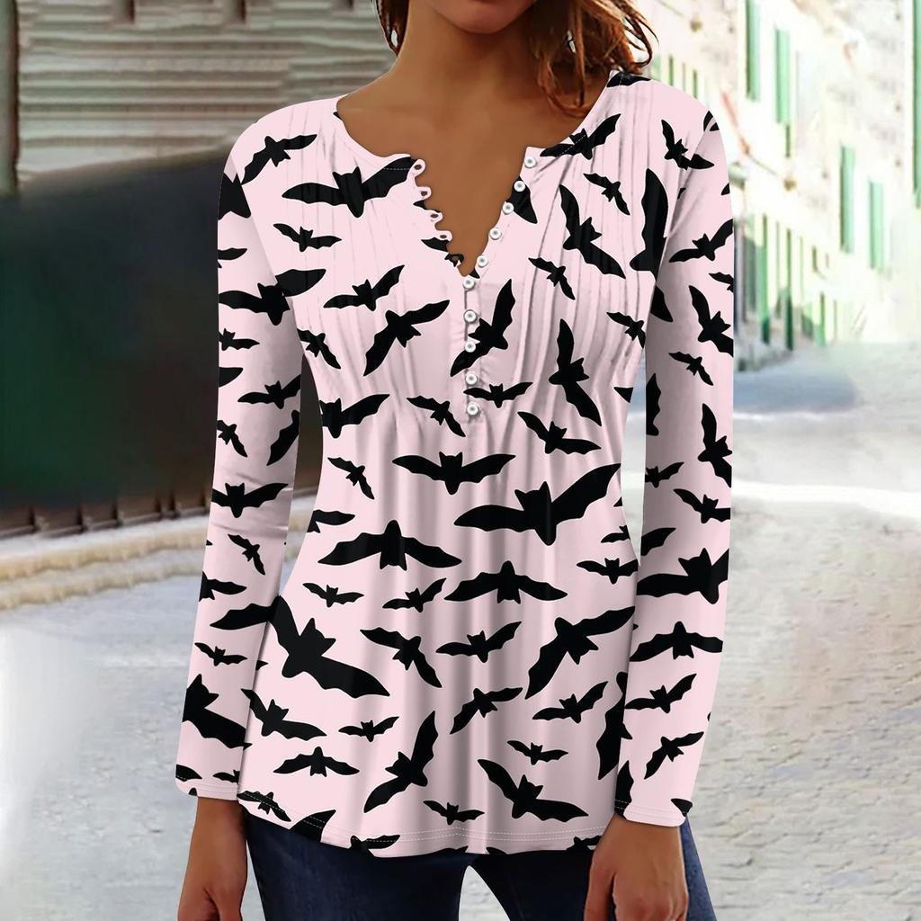 Женский топ с длинными рукавами и плиссированным воротником на пуговицах с принтом Хэллоуина, весна-осень