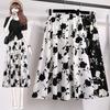 Womens Plain Knee Length Ladies Soft Stretch Flared Printed Skater Midi Skirt