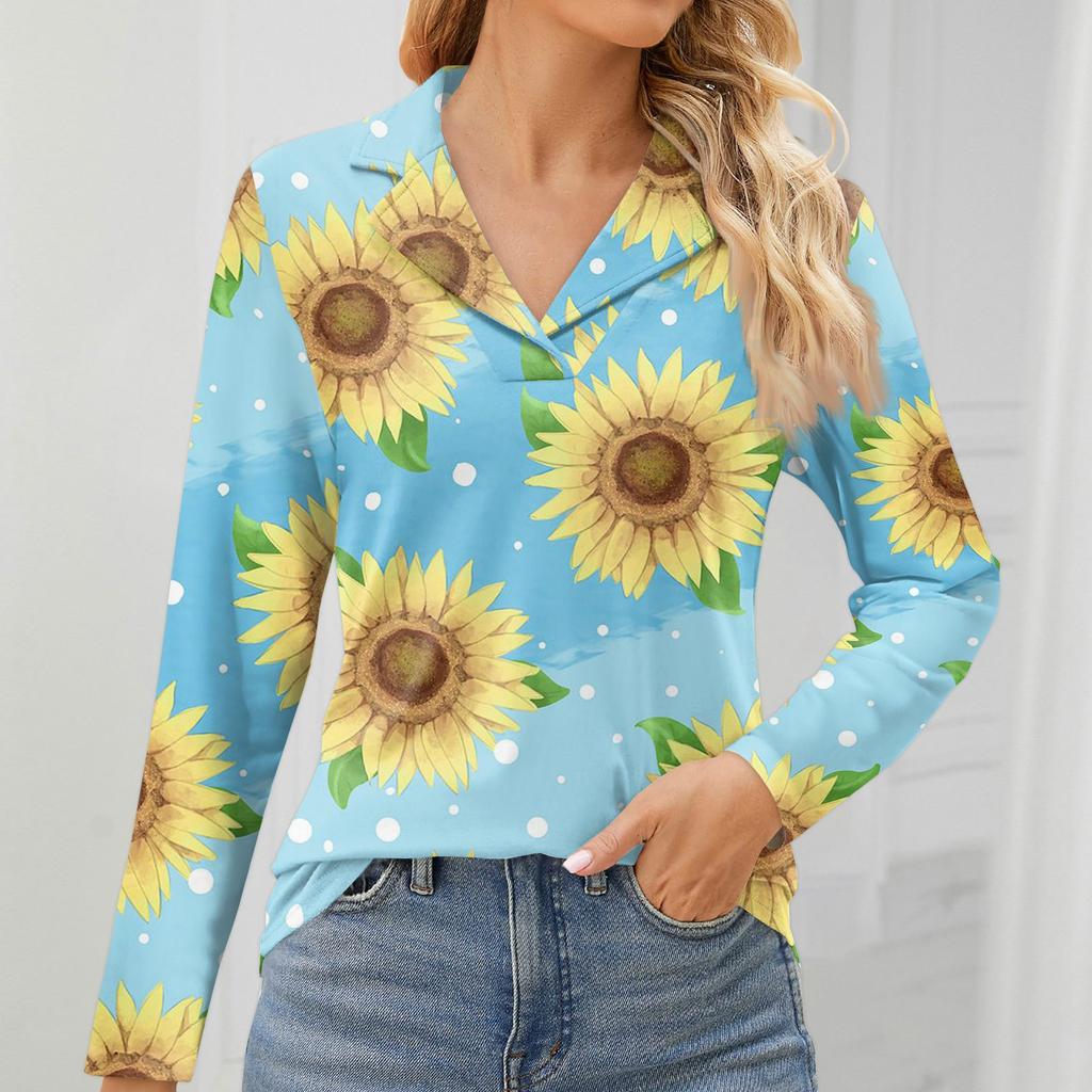 Women's Fashion Leisure Long Sleeve V Neck Flower Printing Top