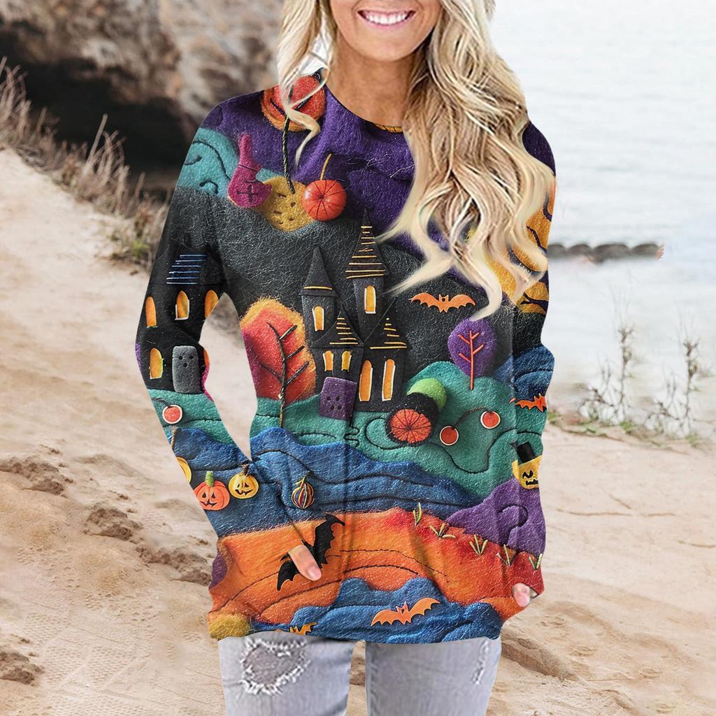 Женская модная повседневная футболка с круглым вырезом и принтом, длинными рукавами и карманами