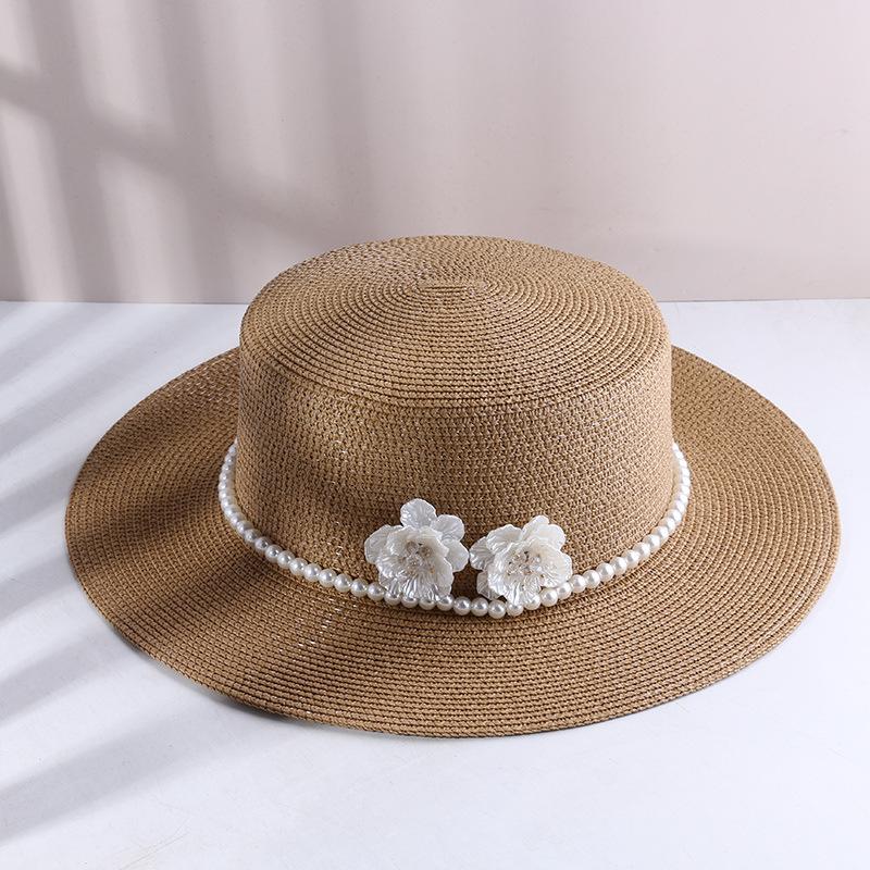 Summer Shade Face Shade Sun Hat Pearl Flower Hepburn Wind Beach Holiday Flat Top Straw Top Hat