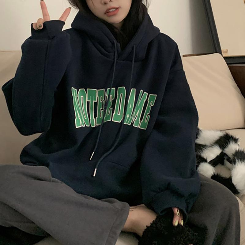 Padded Hooded Sweater Female Autumn and Winter Big Size Printed Fleece Shirt Autumn and Winter Loose Tops Fashion Retro Versatile Sweatshirt