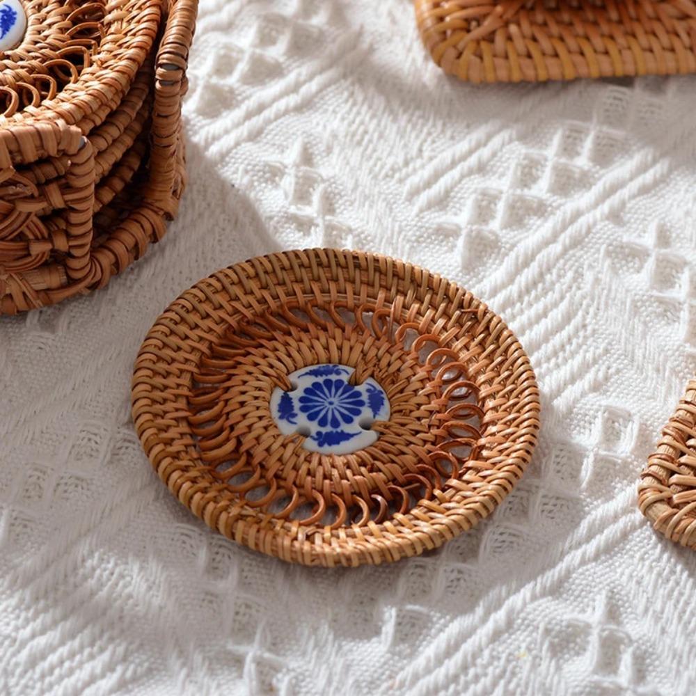 Rattan Weaving Teacup Mat Handmade Drink Cup Mat Vietnamese Rattan Ceramic Coaster Bar