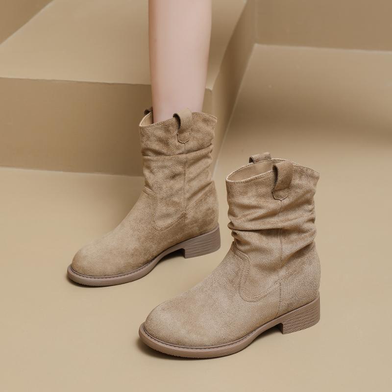 Модные западные ботинки на наборном каблуке Женские модные ботинки до середины икры на массивном каблуке Женская обувь весна-осень Однотонные ретро боты