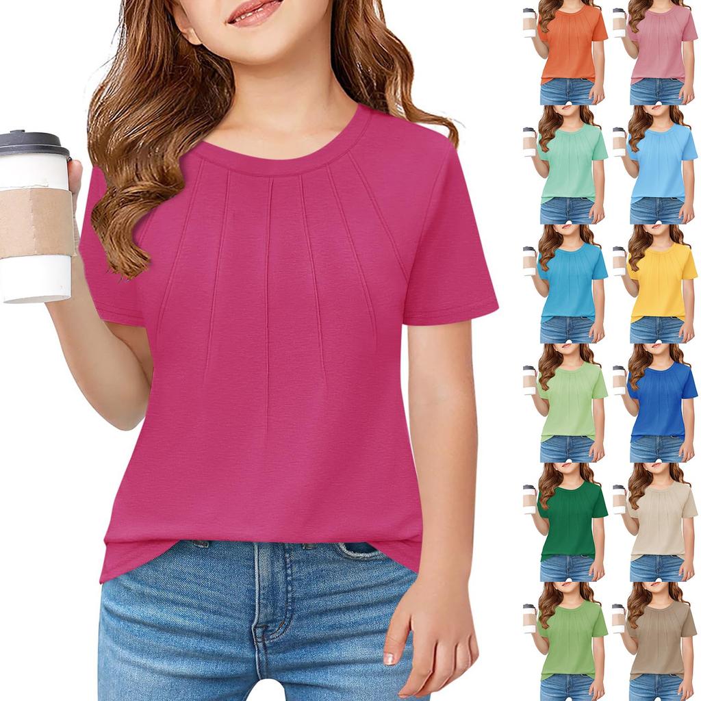Children Fold A T-shirt Girl Summer Fashion Round Collar Jacket With Short Sleeves