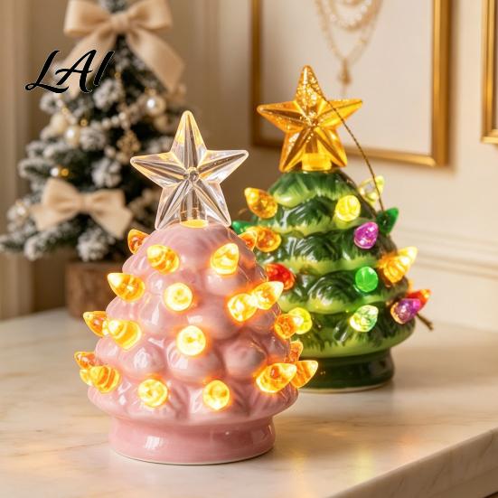 Cozy Christmas Party Supplies Tree Ornament Glowing Retro Resin Tabletop Decor with Star Festive Figurines Topper Vintage Xmas Trees Night Light for