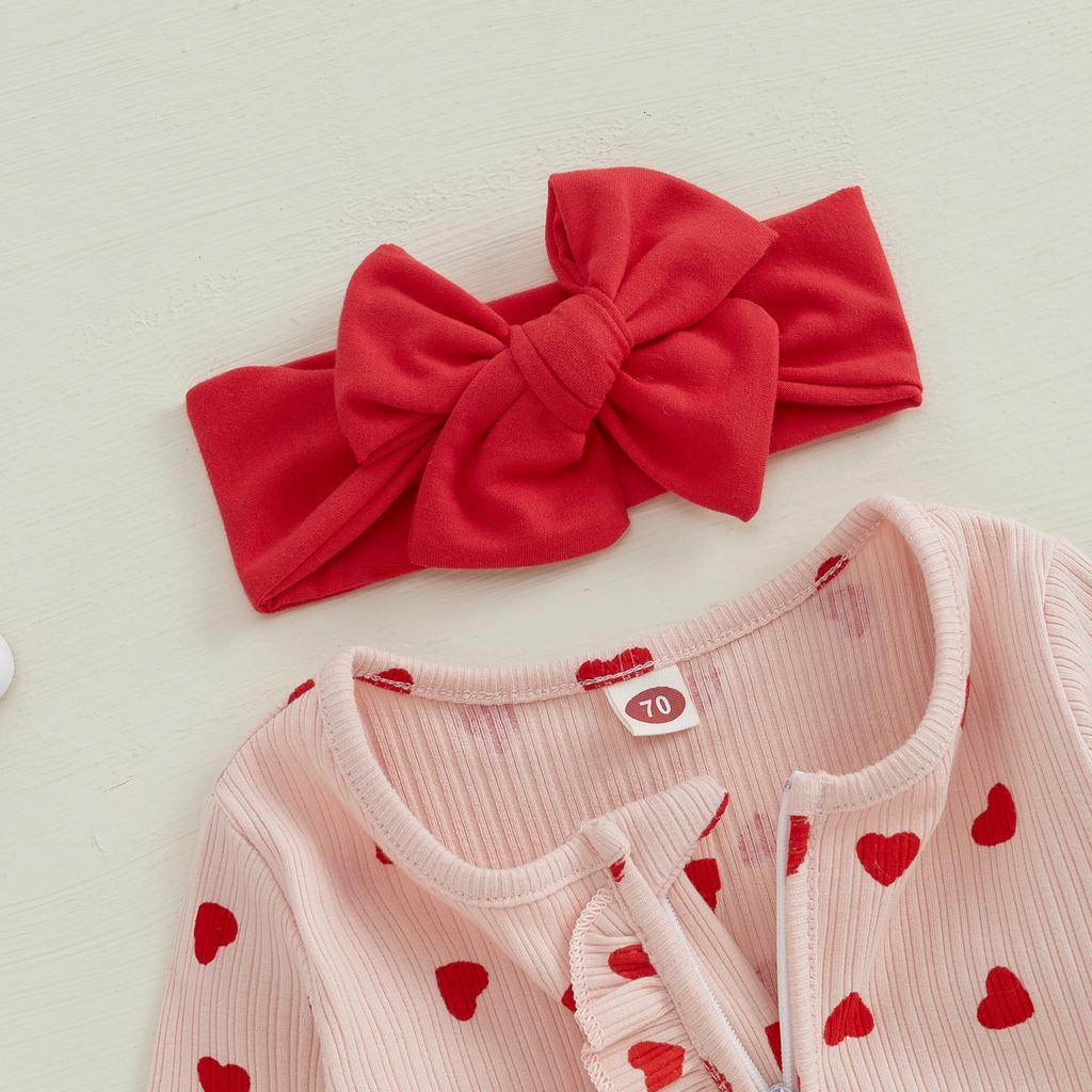 Наряды на День святого Валентина для девочек, комбинезон с длинными рукавами и принтом в виде сердца, с повязкой на голову, комплект одежды для новорожденных