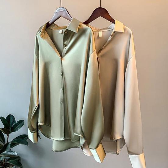 Women Shirt Lapel Long Sleeve Single Breasted Shirt Tops Solid Color Smooth Satin Loose Fit Versatile Shirt